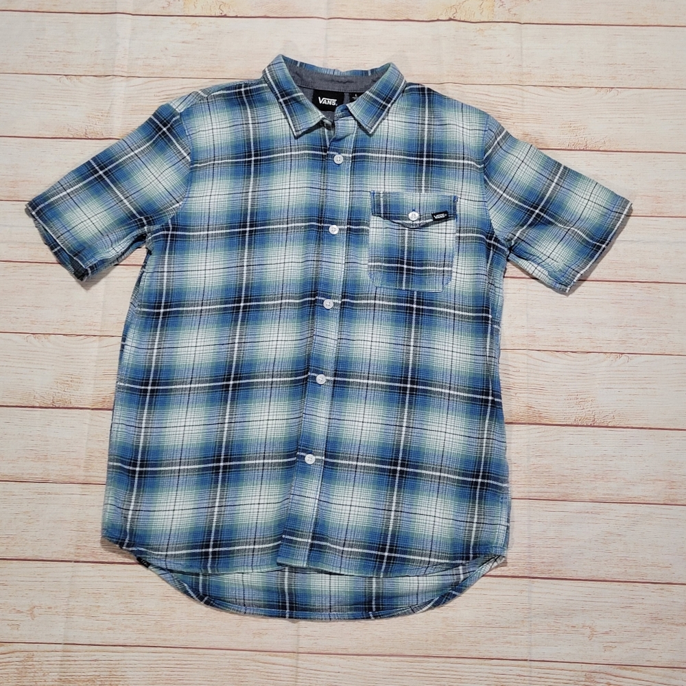 Vans▪︎ Blue Button Down Casual Shirt with Classic Plaid Design▪︎ Size Kids Large